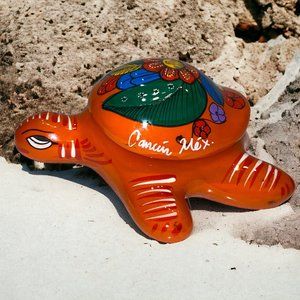 Mexican Pottery Trinket Box Turtle Orange Hand Painted Cancun Red Clay